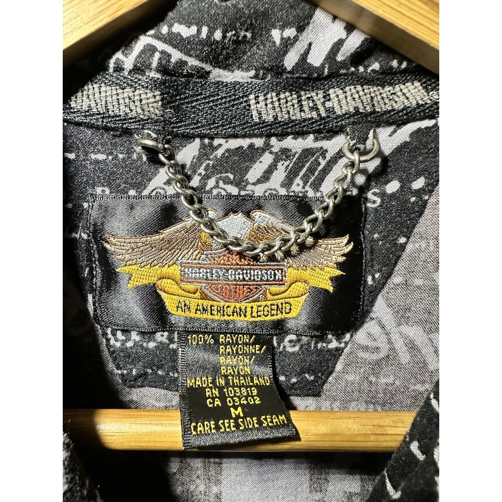 Harley Davidson Womens Medium Button Front Rayon Shirt Logo Print Black M Y2K - Picture 3 of 4